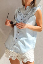 Frill Button Down Ruffled Cap Sleeve Denim Top Woman Denim Tops