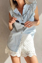 Frill Button Down Ruffled Cap Sleeve Denim Top Woman Denim Tops