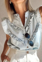 Frill Button Down Ruffled Cap Sleeve Denim Top Woman Denim Tops