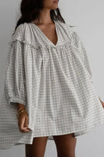 Frill Plaid Notched Balloon Sleeve Mini Dress White Woman Casual Dress