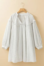 Frill Plaid Notched Balloon Sleeve Mini Dress Woman Casual Dress