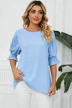 Light blue frill round neck lantern sleeve T-shirt with pleated puff sleeves