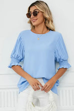 Frill Round Neck Lantern Sleeve T-Shirt Woman T Shirts
