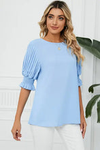 Light blue frill round neck lantern sleeve T-shirt with pleated puff sleeves
