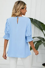 Light blue frill round neck lantern sleeve blouse with pleated puff sleeves