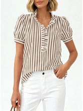 Frill striped puff sleeve blouse with vertical brown and white stripes, ruffled collar, and button details