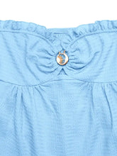Light blue frill tube top with ruffled strapless design and gold-toned moon and sun emblem button detail