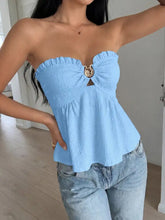 Light blue frill tube top with ruffled textured fabric and central gold toned circular buckle detail