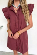 A maroon frilled detail denim mini dress featuring ruffled sleeves and a button-down front placket