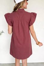 A maroon frilled detail button down short sleeve denim mini dress with ruffled sleeves and a high neckline