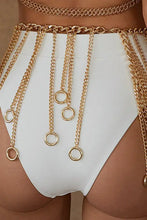 Fringe chain alloy belt with dangling chains, rings, and circular pendants