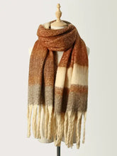 Fringe color block polyester scarf in brown, cream, grey stripes