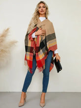 Fringe Contrast Plaid Poncho Woman Outerwear