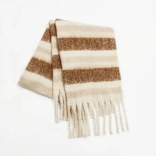 Cozy fringe contrast striped polyester scarf in brown and cream