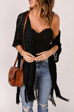 Fringe Hem Slit Open Front Cardigan Black One Size Woman Poncho