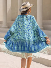 Fringe printed open front boho kimono with blue green floral print