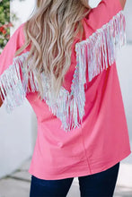 Pink fringe round neck short sleeve T-shirt with iridescent accents