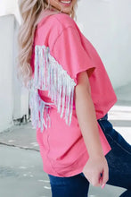 Pink fringe round neck short sleeve T-shirt with silver detailing