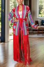 Fringe Tied Long Sleeve Cardigan Deep Red Woman Outerwear