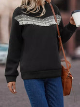 Black crew neck sweatshirt with white geometric fringe trim, machine wash and tumble dry for easy care