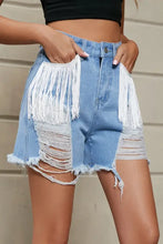 Fringe Trim Distressed Denim Shorts with Pockets Denim Shorts