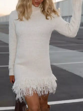 Cozy white knit Fringe Turtleneck Long Sleeve Sweater Dress with fringed hem