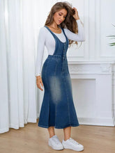 Blue denim front-button adjustable fishtail sleeveless overall dress with fitted bodice slightly stretchy machine wash cold