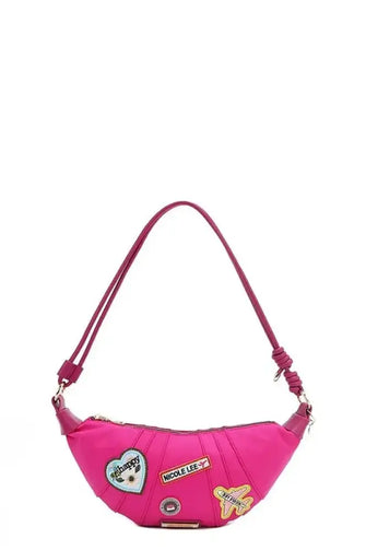 Fuchsia Nylon Croissant Shoulder Bag with Embroidered Patches Deep Rose One Size Shoulder Bags