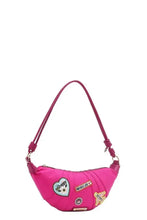 Fuchsia Nylon Croissant Shoulder Bag with Embroidered Patches Shoulder Bags