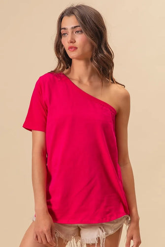 Fuchsia One Shoulder Cotton Blend Top FUCHSIA