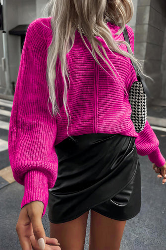 Fuchsia Ribbed Knit Sweater with Long Sleeve Length for Women Deep Rose
