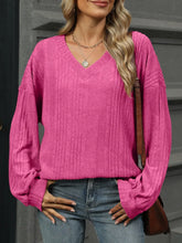 Fuchsia Ribbed Knit V-Neck Sweater for Women Deep Rose