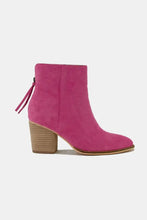 Fuchsia suede point toe ankle booties with 2-inch heel height