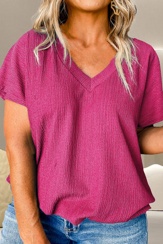 Fuchsia V-Neck Short Sleeve Knit Top for Women Hot Pink