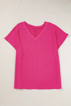 Fuchsia V-Neck Short Sleeve Knit Top for Women Woman T Shirts