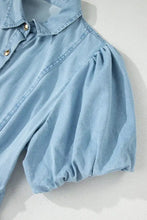 Light blue denim dress with puffed short bubble sleeves and gold-tone buttons collared short design