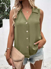 Full size button-down tank top in olive green sleeveless design with collar and matching buttons plus size fit