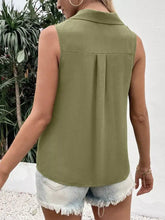Olive green plus size sleeveless blouse with collar and subtle pleats at the back size button tank top