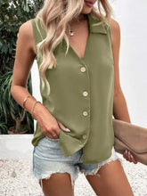 Olive green full size button-down tank top plus size sleeveless blouse with collar and front buttons