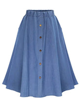 Full size plus size blue denim a-line skirt featuring a button-front denim design with an elastic waistband
