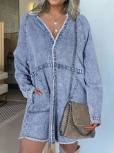 Light blue denim shirt dress with full button front and frayed hem in plus size long sleeve design