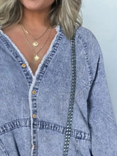 Full size button-front light blue denim shirt dress plus size with frayed neckline and gold-tone buttons