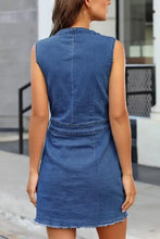 Blue denim sleeveless dress with fitted waistband and frayed hem full size button up v neck sleeveless denim dress