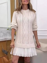 Cream cable knit sweater dress with pleated hem, plus size, front view