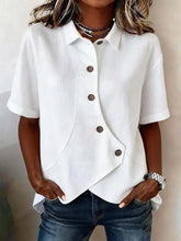 Full size casual asymmetrical button shirt in white with short sleeves and dark brown buttons for plus size wear