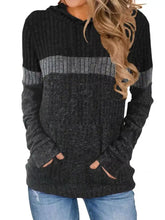 Full size color block ribbed knit hoodie in black and gray stripes with ribbed cuffs hood and hem in plus size