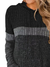 Full size color block ribbed knit hoodie in black with gray horizontal stripe and matching gray cuffs in color block style