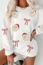Plus size white corded rib sweatshirt with sequin santa bow patches and ribbed material care instructions included