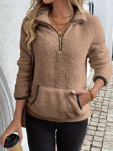 Full size cozy fleece quarter zip long sleeve sweatshirt plus size in beige with black trim, machine wash and slightly stretchy
