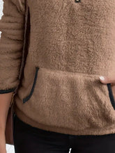 Full size cozy fleece quarter zip long sleeve sweatshirt plus size in tan with plush texture black zipper pockets and slightly stretchy fabric machine wash safe